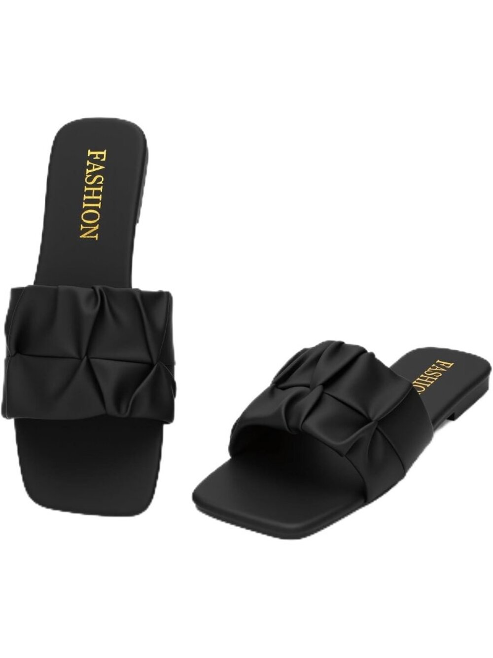 Women's Black Pleated Square Toe Slide Sandals Summer Trendy Wedding Flats Shoes